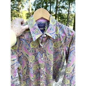 Chaps No Iron Paisley Shirt Button Pink Check Flip Cuff Cotton Ladies Medium